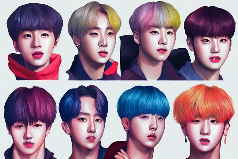 Image similar to “ a portrait of members of bts k - pop band, rainy background, bright art masterpiece artstation. 8 k, sharp high quality artwork in style of jose daniel cabrera pena, concept art by tooth wu, fanart ”