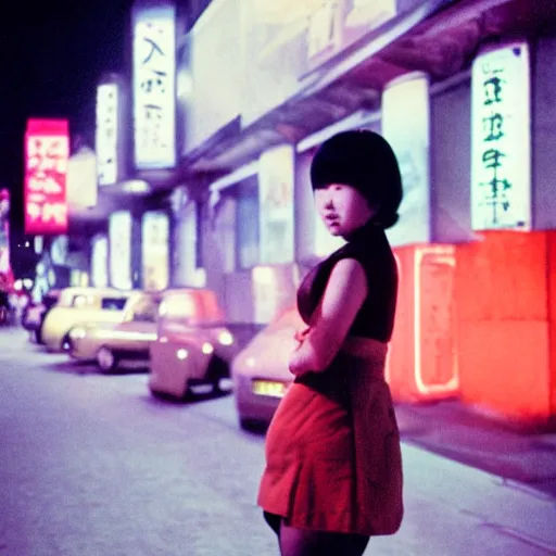 Prompt: A Japanese woman on a street at night, 1966, miniskirt, 35mm photography, red neon lights