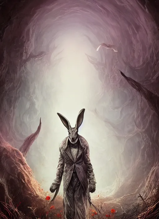 Image similar to white rabbit, call of cthulhu, highly detailed, cinematic, 8 k, by megan duncanson, benjamin lacombe, adrian borda, stanley artgermm, tom bagshaw, craig mullins, carne griffiths, ayami kojima, beksinski, giger, trending on deviantart, hyper detailed, horror, full of colour