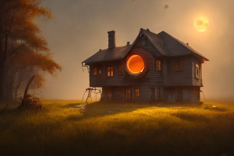 Image similar to a house in the shape of a human, rust, hyperrealistic, highly detailed, cinematic, single ray of sun, fog, beautiful, cgssociety, artstation, 8 k, oil painting