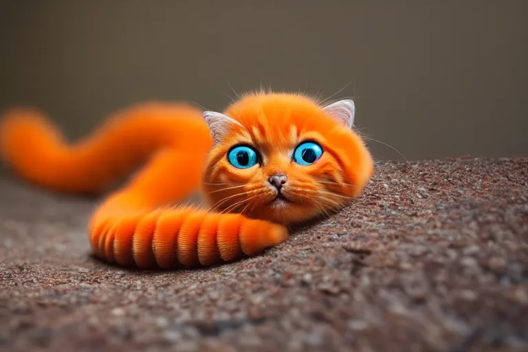 Prompt: orange cat caterpillar, big eyes, fuzzy feet, kodak photo, muted colors, depth of field