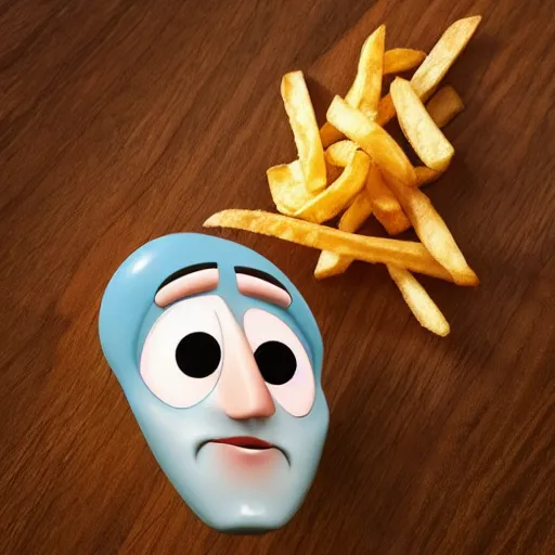 Image similar to photo of [ a single salted french fry chip ] shaped like that looks like ( stephen fry ) [ as a pixar character ] [ hybrid ] intercross mix cinematic lighting