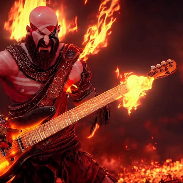 Prompt: glowing eyes kratos shredding on a flaming stratocaster guitar, cinematic render, god of war 2 0 1 8, santa monica studio official media, flaming eyes, lightning.