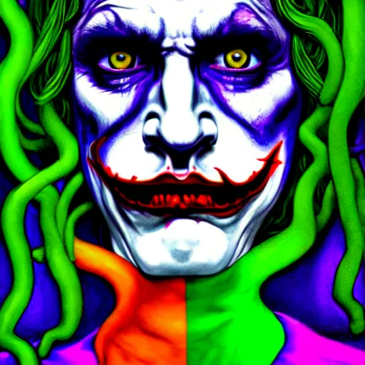 Image similar to an extremely psychedelic portrait of medusa as the joker, surreal, lsd, face, detailed, intricate, elegant, lithe, highly detailed, digital painting, artstation, concept art, smooth, sharp focus, illustration