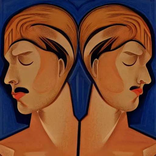 Image similar to perfectly centered symmetrical split male and female portrait of man and woman in love sharing one heart. illustration, highly detailed, simple, no jagged lines, smooth, artstation, artwork by william zorach