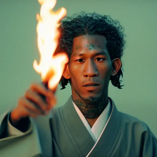 Image similar to cinematic film still of Young Thug starring as a Japanese Sensei with fire, Japanese CGI, VFX, 2003, 40mm lens, shallow depth of field, film photography