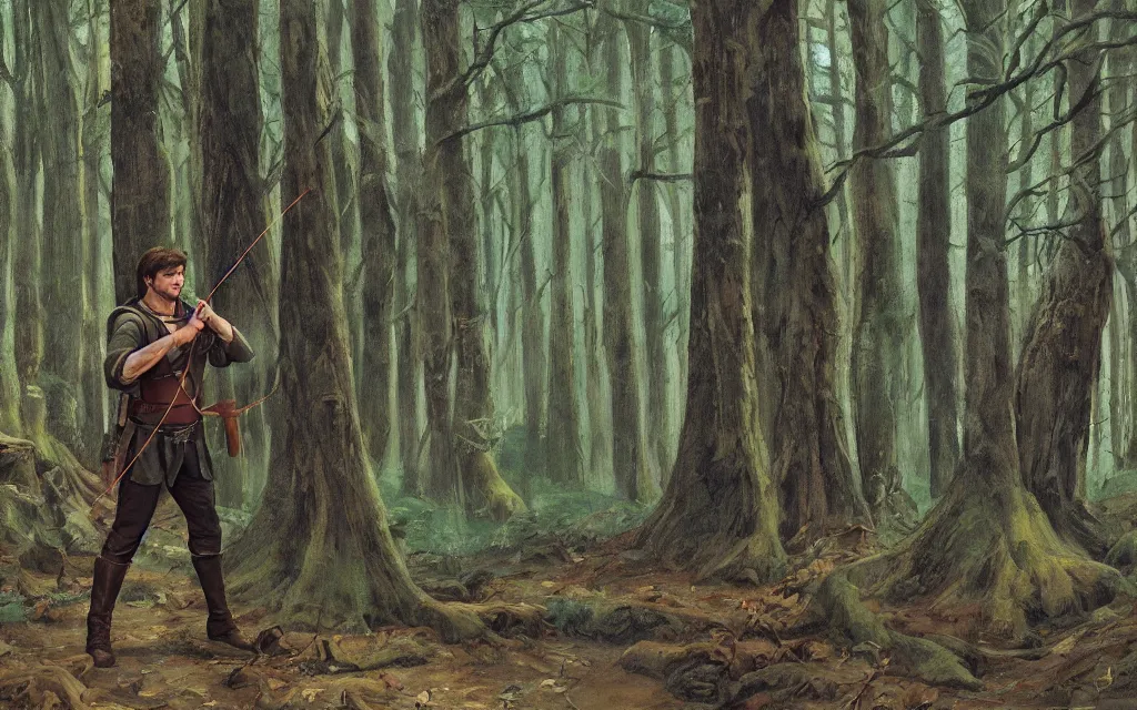 Prompt: Robin Hood (looks like Nathan Fillion) holding a bow in a dense forest. Tall trees of sherwood. Famous painting based on the original folk tale. Trending on ArtStation. 4K HD Wallpaper. Prints Available.Sold for 10 Million dollars at Auction.