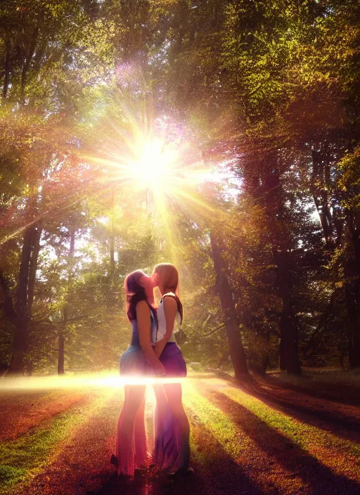 Image similar to a beautiful detailed photo of a girl kissing another girl with god rays shining through trees on a post - apocolyptic world, realistic, f 8, 4 k hd wallpaper