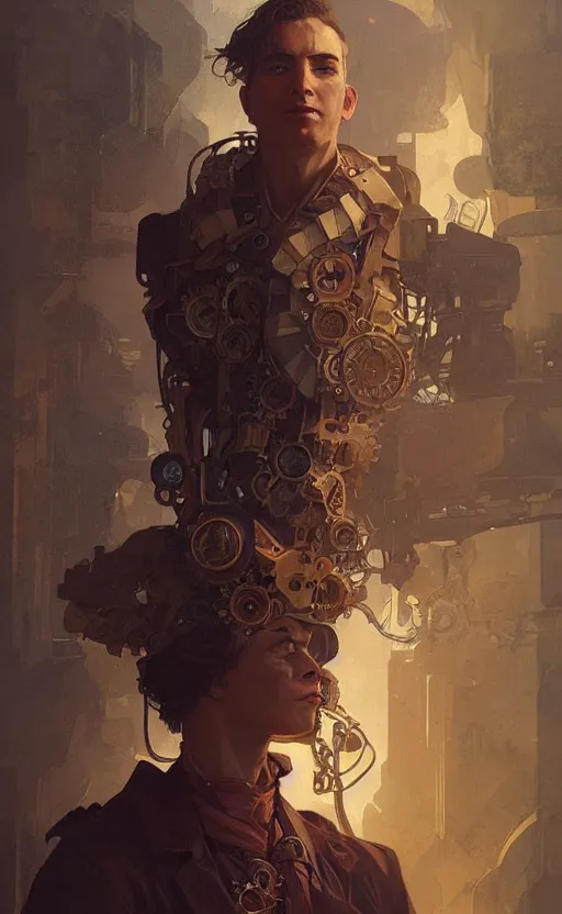 Image similar to Portrait of a steampunk young man, science fiction, highly detailed, digital painting, artstation, concept art, illustration, art by Greg Rutkowski and alphonse mucha