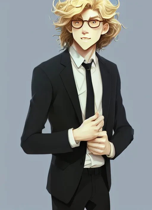 Image similar to young man with medium - length, curly, golden hair, perfectly proportioned face, aquamarine eyes, sweet smile, wearing a black suit, natural lighting, path traced, highly detailed, high quality, animation art, digital painting, by new haicheng and studio ghibli