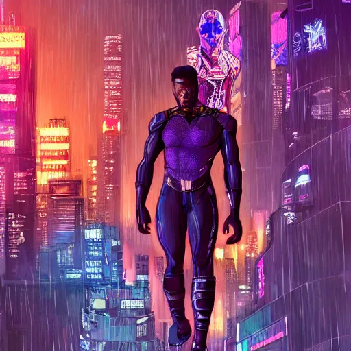 Image similar to high detailed kilmonger from black panther in a cyberpunk rainy city at night by eliran kantor, michael b jordan, hand drawn, illustration, purple and blue neons, unreal engine, high quality, 4 k, uhd, trending on artstation, wires, blade runner vibes, ghost in the shell, akira, dorohedoro