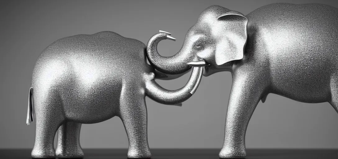 Image similar to a wide shot of silver handcrafted elephant, line of lights running inside the elephant, jewelry lighting, studio lighting, dark background, photorealistic, octane render, unreal engine