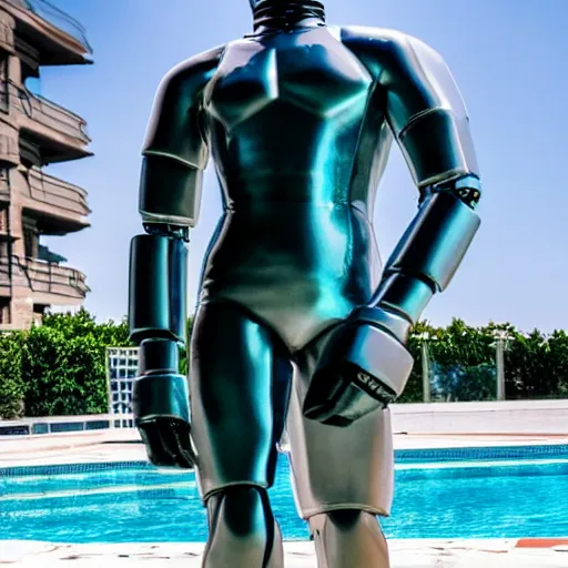 Image similar to a realistic detailed photo of a guy who is an attractive humanoid who is half robot and half humanoid, who is a male android, wrestler nick suriano, shiny skin, posing like a statue, blank stare, by the pool, on display, showing off his muscles, humanoid robot, frozen ice statue