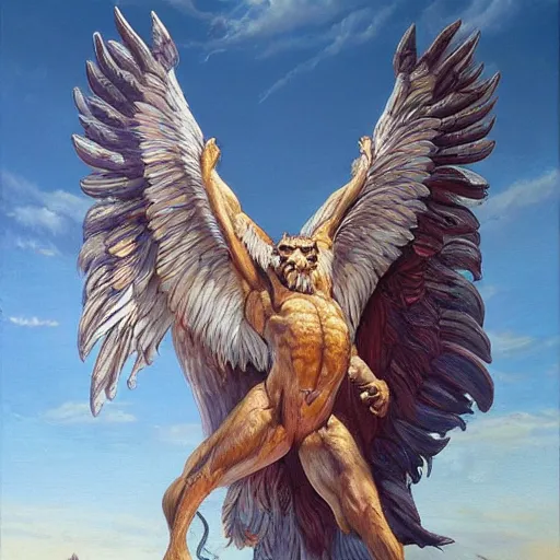 Prompt: a realistic oil painting of a winged lion's body with an eagle head, highly detailed, trending on artstation, by james gurney and michael whelan