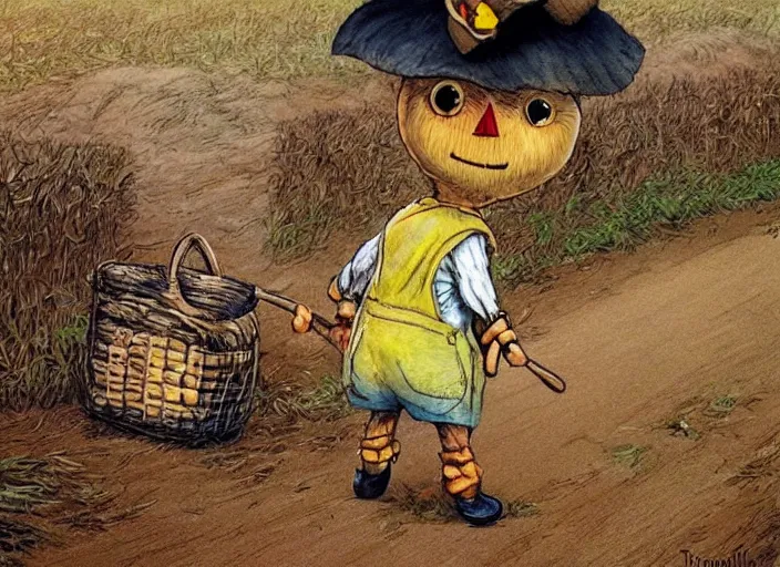 Prompt: a cute short scarecrow with a straw hat in overalls walking on a dirt road next to a large corn field, children's book by tom lovell, ross tran, terry redlin, jean baptiste monge, beatrix potter