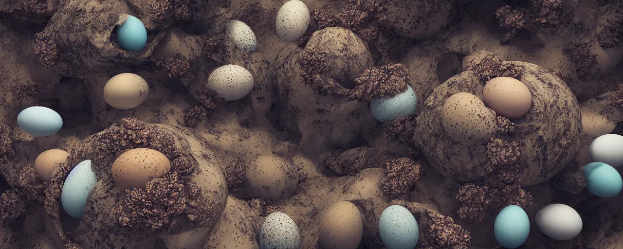 Image similar to ” louter planet with strange and mysterious eggs and larvae, [ cinematic, detailed, epic, widescreen, opening, establishing, mattepainting, photorealistic, realistic textures, octane render ] ”