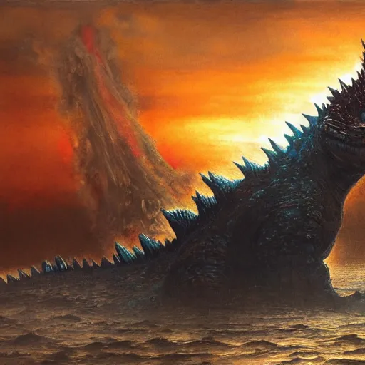 Prompt: godzilla, deep sea, sunset, portrait by gerald brom, by mikhail vrubel, by peter elson, muted colors, extreme detail, trending on artstation, 8 k