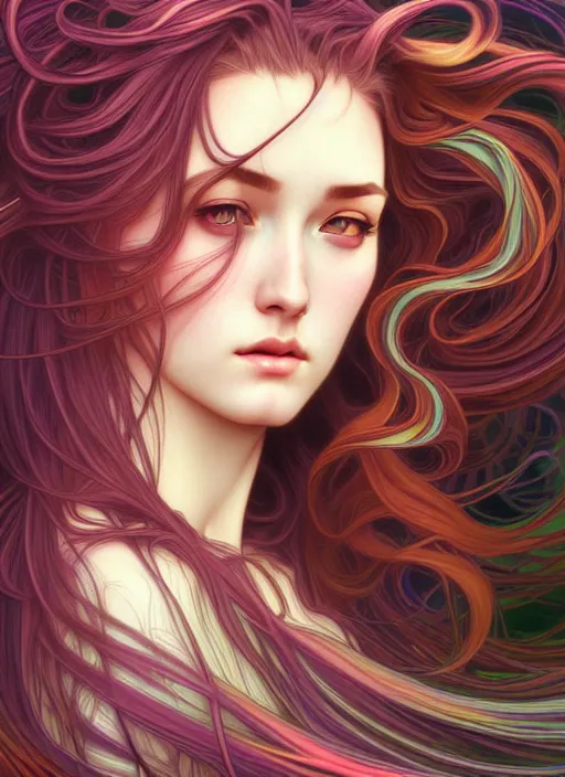 Prompt: overlord, psychedelic flowing hair, portrait, highly detailed, deep focus, elegant, digital painting, smooth, sharp focus, illustration, ultra realistic, 8 k, art by artgerm and alphonse mucha