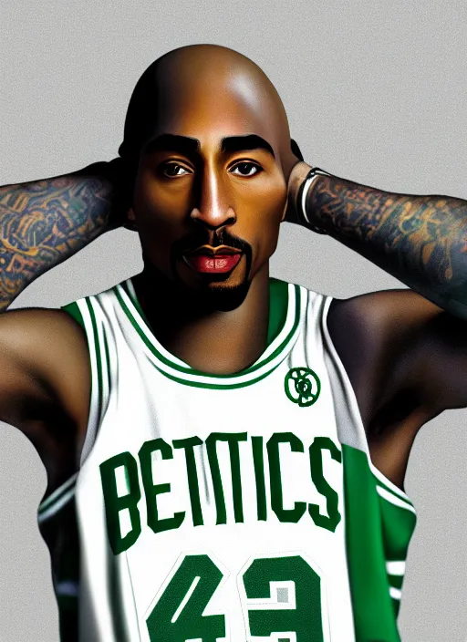 Image similar to portrait of tupac shakur, boston celtics jersey number 3 4, green, white, cartoon digital art, oil on canvas, trending on artstation, octane render