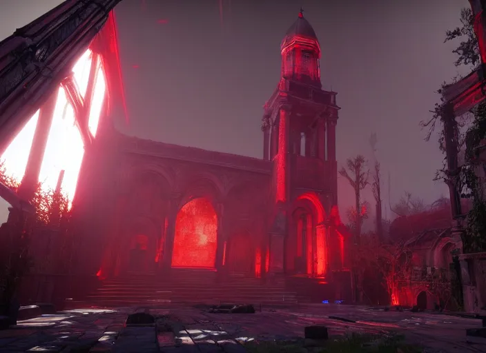 Image similar to ancient church with red shafts of light in destiny 2, foggy, liminal, dark, dystopian, beautiful architecture, abandoned, highly detailed 4 k 6 0 fps in - game destiny 2 gameplay screenshot leak