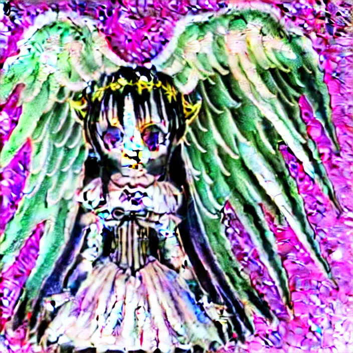 Image similar to gothic lolita cute angelic archangel, religious art watercolor slimy slime drenched skinny divine holy skellington being of glitter glue, pastel cute slime, 3 d polygon ui of neon ornamental rococo frames, maximalist decora gyaru sanrio murakami pixar concept art