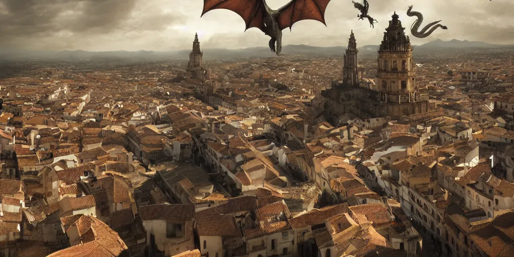 Prompt: the monumental city of caceres with a dragon flying over it, dramatic lighting, cinematic, extremly high detail, photorealistic, cinematic lighting, post processed, concept art, artstation, matte painting, style by greg rutkowsky