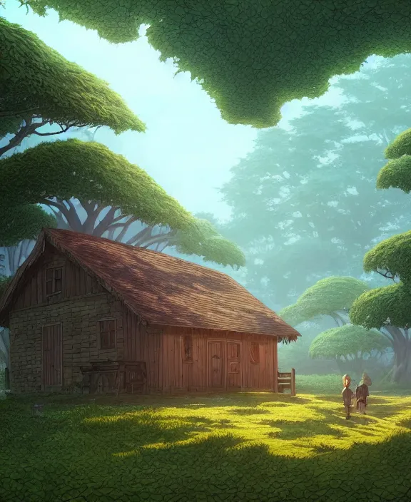 Image similar to a large, simple, schoolhouse made from exotic leaves, overgrown with huge exotic fungus, deep in the woods, sun drenched, partly cloudy, by dan mumford, yusuke murata, makoto shinkai, ross tran, cinematic, unreal engine, cel shaded, featured on artstation, pixiv