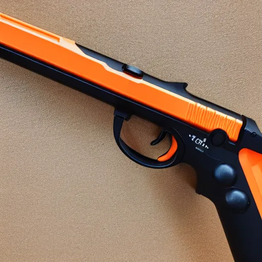 Image similar to highly detailed hand held rail gun, orange, white, black