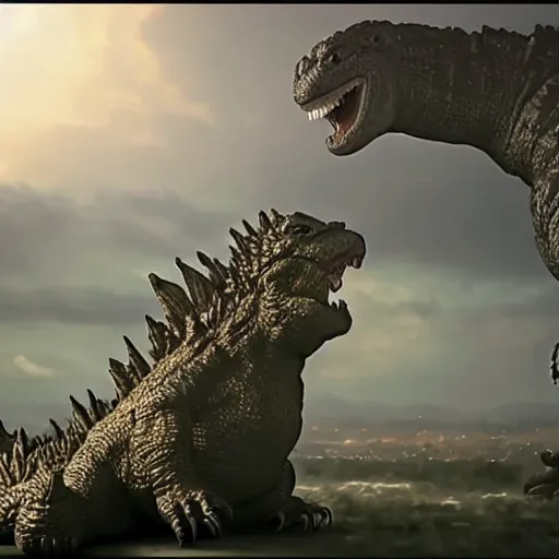 Prompt: Miss Frizzle fighting Godzilla, cinematic lighting, highly detailed