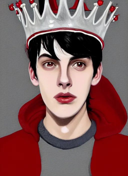 Image similar to portrait of teenage jughead jones wearing a light grey crown, photorealistic, crown, crown with badges on it, crown with red and white pin badge, eyes closed, crown, black hair, intricate, elegant, highly detailed, digital painting, artstation, concept art, smooth, sharp focus, illustration, art by wlop, mars ravelo and greg rutkowski