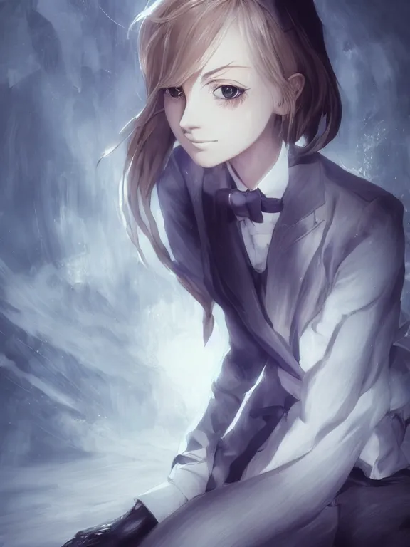 Image similar to anime illustration of annie leonhart wearing an elegant tailcoat, au naturel, hyper detailed, digital art, trending in artstation, cinematic lighting, studio quality, smooth render, unreal engine 5 rendered, octane rendered, concept art, smooth, sharp focus, illustration, art by lise deharme and james c. christensen