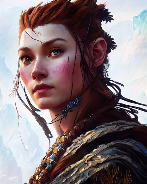 Image similar to Aloy (Horizon Zero Dawn), closeup, D&D, fantasy, intricate, elegant, highly detailed, digital painting, artstation, concept art, matte, sharp focus, illustration, hearthstone, art by Artgerm and Greg Rutkowski and Alphonse Mucha