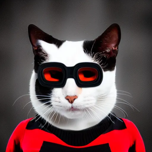 Prompt: a cute black and white cat wearing a red ski mask with black ski goggles, photorealistic