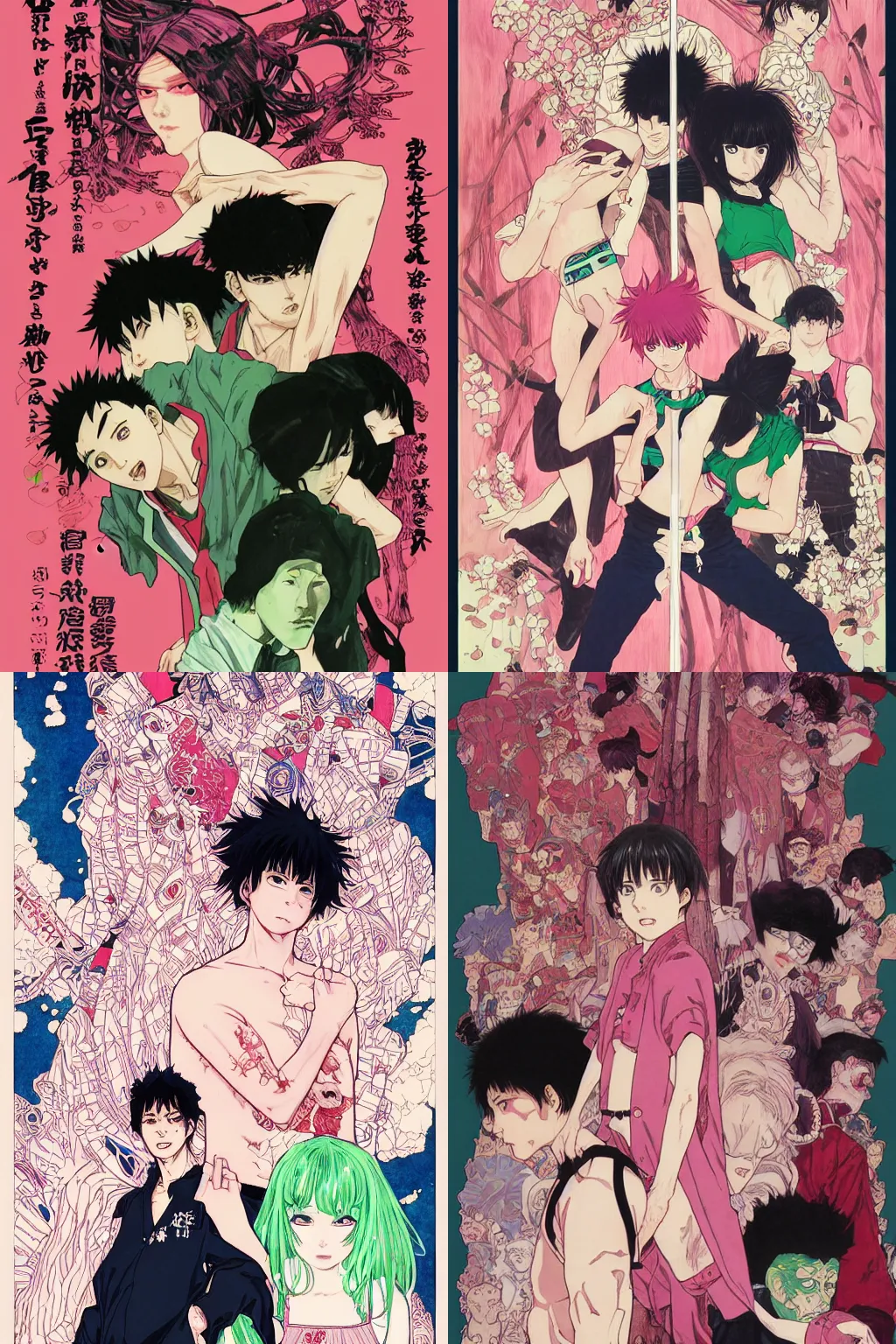 Image similar to professionally drawn shonen mature horror mystery action manga comic cover, beautifully drawn museum portrait coherent professional, drawn by ilya kuvshinov, gustav klimt, alphonse mucha and tsutomu nihei. text kanji hiragana on the cover. simplistic minimalist stylized cover art. pink & green & blue full color.