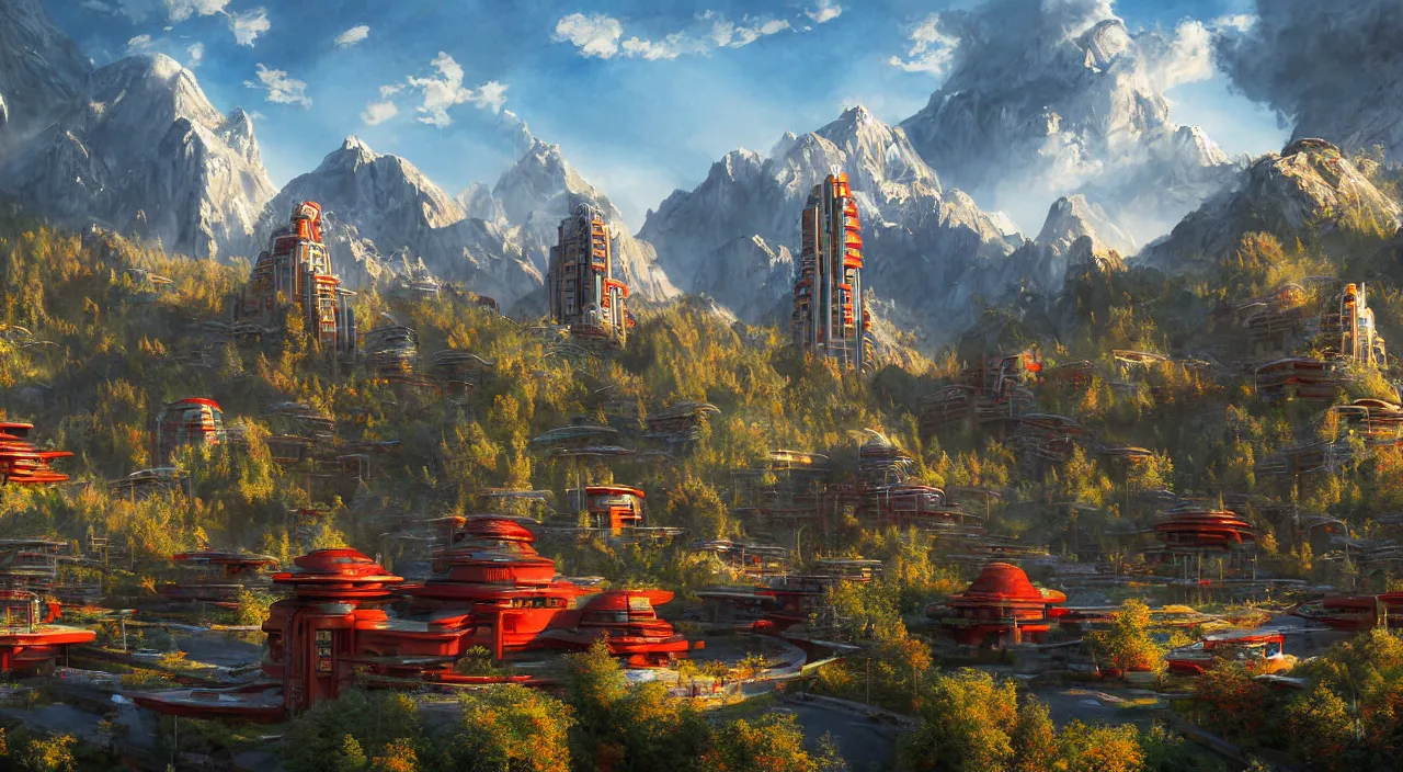 Image similar to futuristic sci-fi city under Kashmir mountains, mosques made of wood in ornate style, and hill valley grec greeble glory island little wood bridge painting of tower, maple with red leaves, and cottages ivy plant in marble late afternoon light, wispy clouds in a blue sky, by frank lloyd wright and greg rutkowski and ruan jia