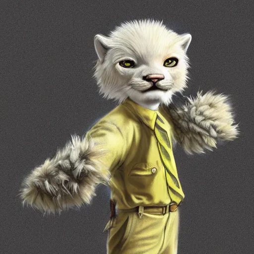 Prompt: Character portrait of a albino furry anthro albino mountain lion, color page, 4K, tone mapping, doll, Akihiko Yoshida, James_Jean_Andrei_Riabovitchev_Marc_Simonetti, Yoshitaka Amano, digital illustration, yellow button shirt, green slacks