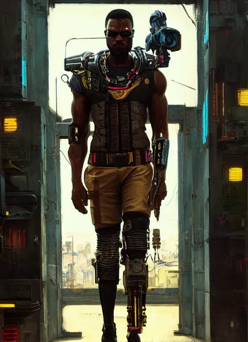 Image similar to Chidi Igwe. Buff Cyberpunk policeman with robotic legs. (Cyberpunk 2077, bladerunner 2049). handsome face. Iranian orientalist portrait by john william waterhouse and Edwin Longsden Long and Theodore Ralli and Nasreddine Dinet, oil on canvas. Cinematic, vivid colors, hyper realism, realistic proportions, dramatic lighting, high detail 4k