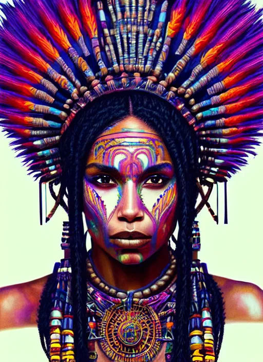 Image similar to portrait of zoe kravitz, hyper detailed ultra sharp aztec shaman warrior. trending on artstation, warpaint aesthetic, bloodwave, colorful, psychedelic, ornate, intricate, digital painting, concept art, smooth, sharp focus, illustration, art by artgerm and greg rutkowski and h. r. giger, 8 k