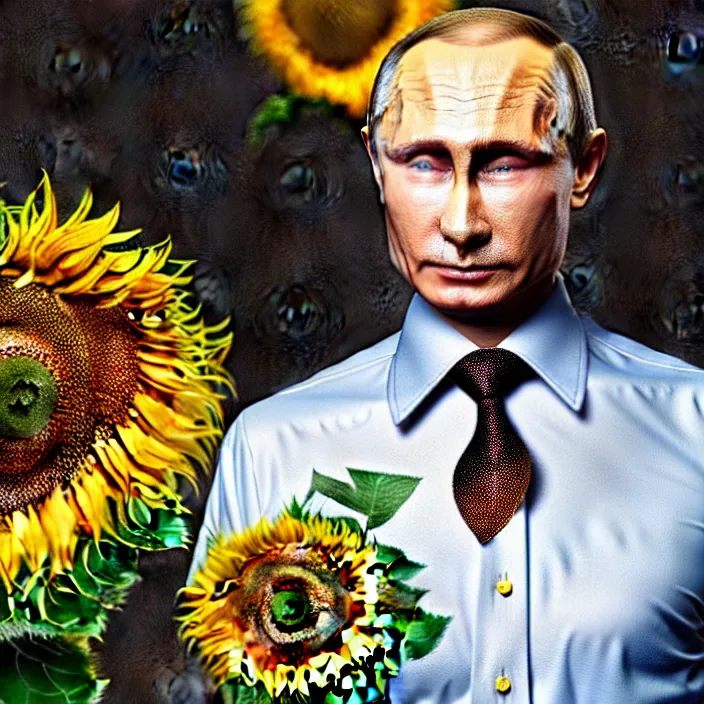 Image similar to photo portrait of Vladimir Putin - sunflowers - dressed in leisure shirt with ornamental ethereal sunflower pattern, natural skin tone, highly detailed realistic flowers ornament on the shirt, raging war and explosions in the background, eyebrows are intricate and highly detailed, elegant, Realistic, Refined, Highly Detailed, natural soft pastel lighting colors scheme, fine art photography by Cecil Beaton, volumetric lighting, hyper realistic photography