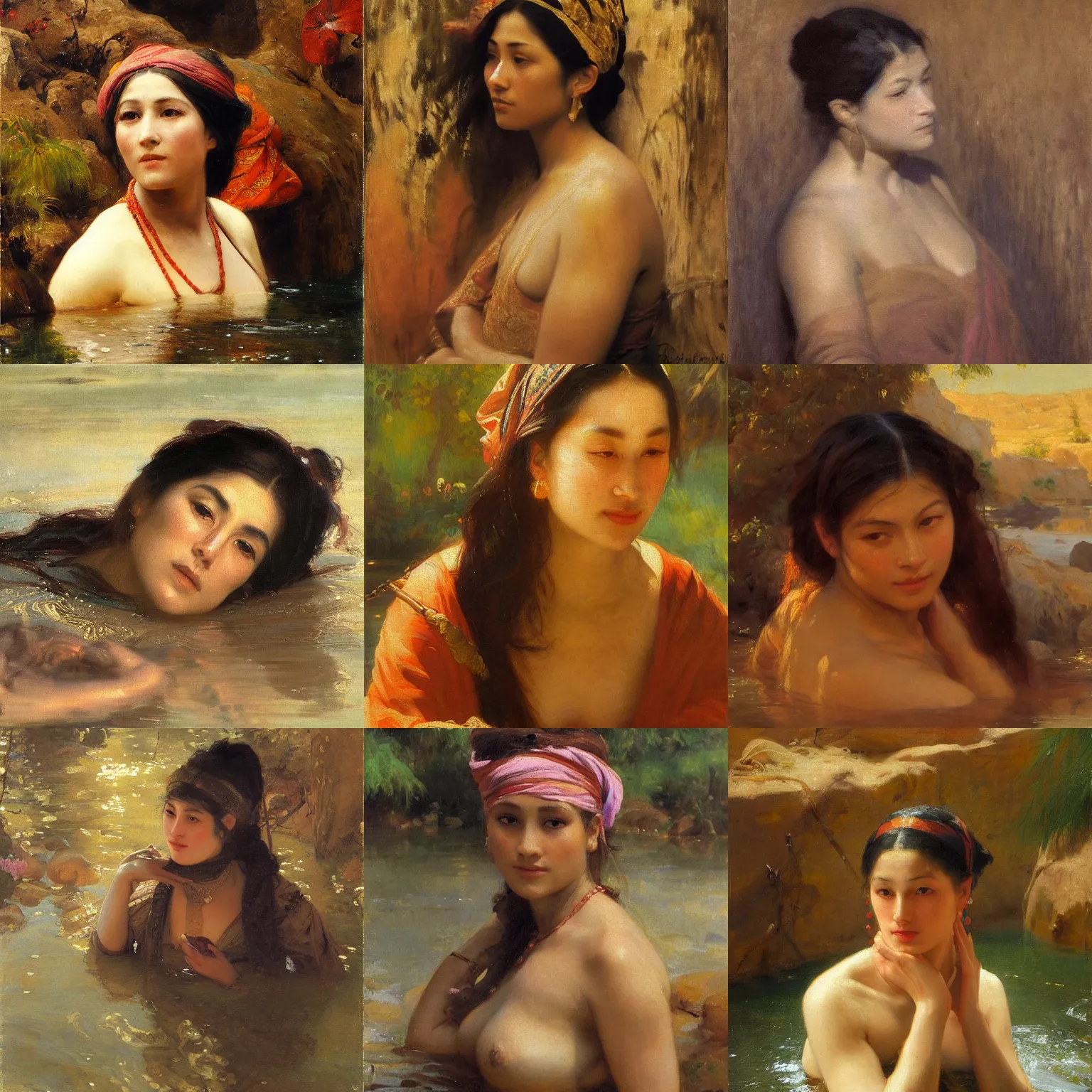 Prompt: orientalism painting of a woman's face emerging from a murky brown river by theodore ralli and nasreddine dinet and anders zorn and nikolay makovsky and edwin longsden long, oil on canvas, masterful intricate artwork, excellent lighting, high detail 8 k