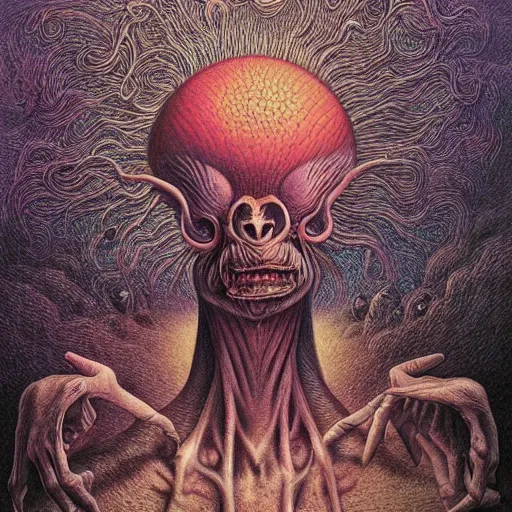 Image similar to a hyperrealistic brightly colored painting of a psychedelic alien nightmare, by john kenn mortensen and zdzislaw beksinski and alex grey, highly detailed, vivid color,