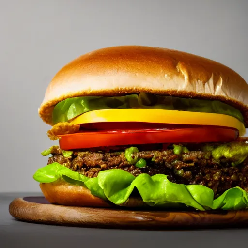 Image similar to vegan hamburger with guacamole and crispy fried onion and fried egg toppings, crispy buns, 8 k resolution, studio lighting, sharp focus, hyper - detailed