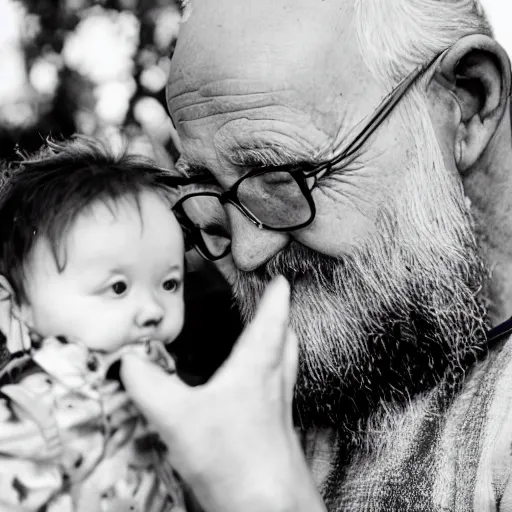 Image similar to cute cartoon character, beard grandpa taking a photo to a baby girl, old camera