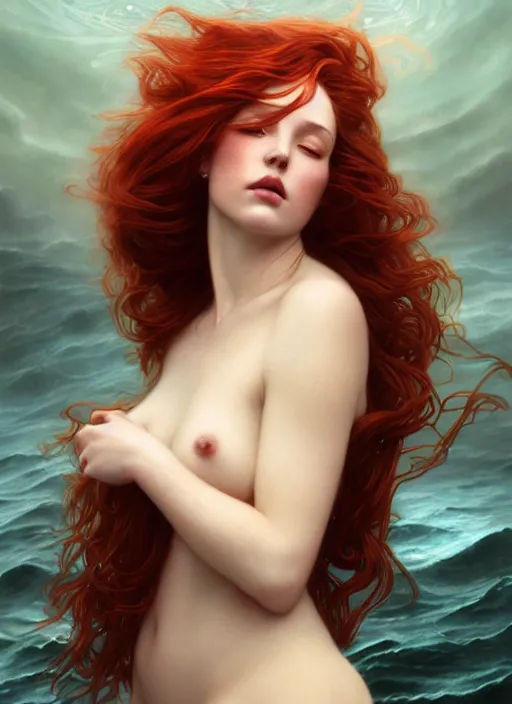 Image similar to goddess of the ocean portrait of a seductive redhead dreaming in underwater murky light, wind blown hair! fantasy esoteric, d & d, fantasy, intricate, elegant, highly detailed, digital painting, artstation, concept art, matte, sharp focus, illustration, art by artgerm and tom bagshaw and greg rutkowski and alphonse mucha
