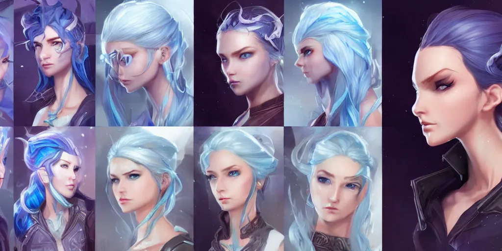 Image similar to concept art of an icy russian female netrunner d & d video game characters head designs, unique hair designs, by marc brunet and artgerm