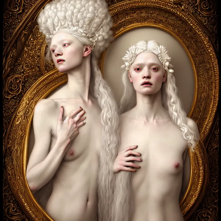 Prompt: renaissance style a wonderful woman albino goddess with a wonderful face and realistic body with long intricate hair with a beautiful porcelain symmetrical body dressed with a majestic warp ornate semi transparent cream long cotton dress, hightly ornate, intricate, detailed, dramatic light, cinematic, award winning, octane render, tom bagshaw style