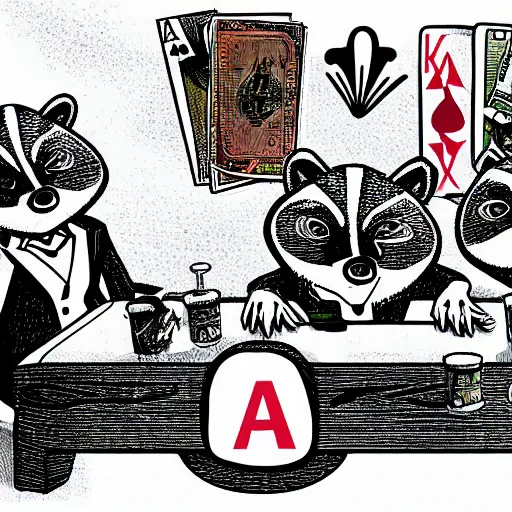 Image similar to illustration of gangster raccoons in smokings, playing poker, dollars, and pistolet on the table