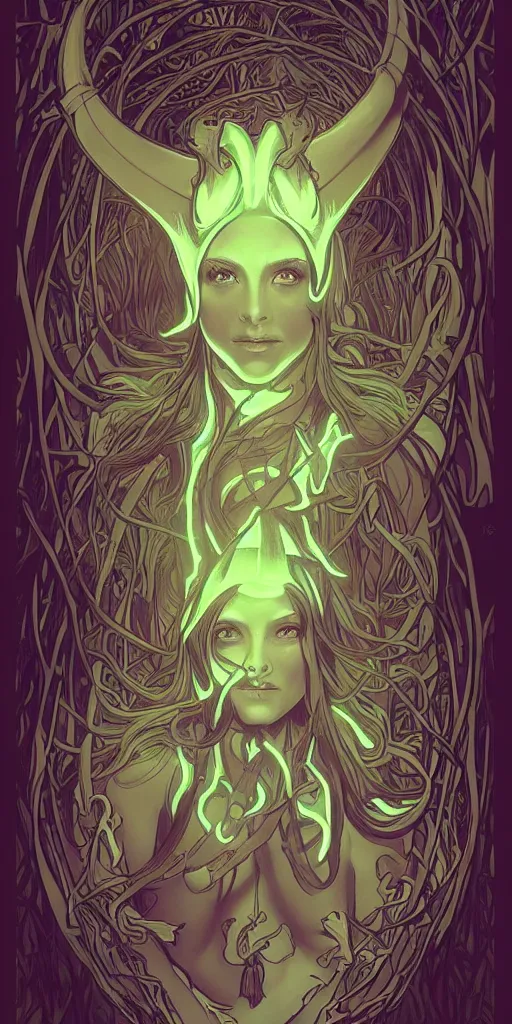 Image similar to bioluminescent glowing pagan god with horns in very dark forest by artgerm and alphonse mucha, portrait, fantasy, clear, light beams, lens flare, intense, uhd, amazing depth, cinematic lighting