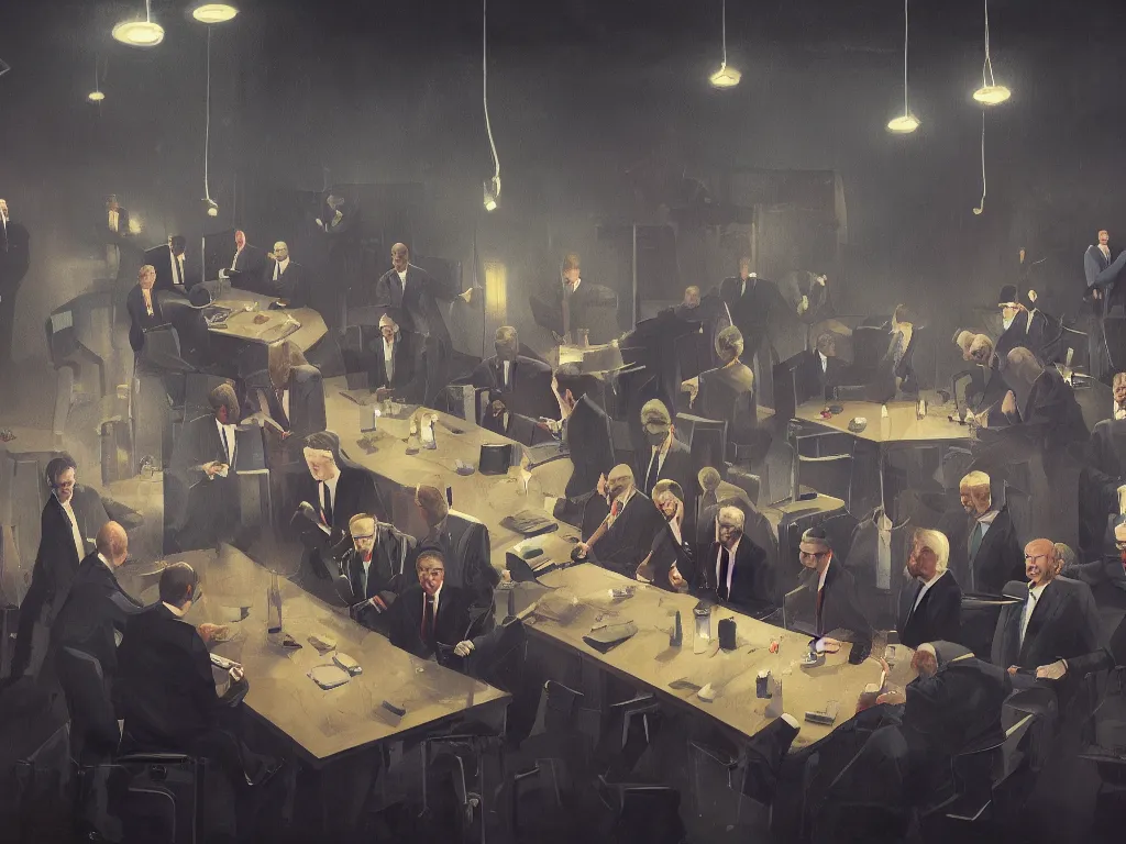 Image similar to a conspiracy of men in suits with tie sitting on a large table in a dark room in a painting from stalenhag, 4 k, 8 k, hdr, artstation, concept art