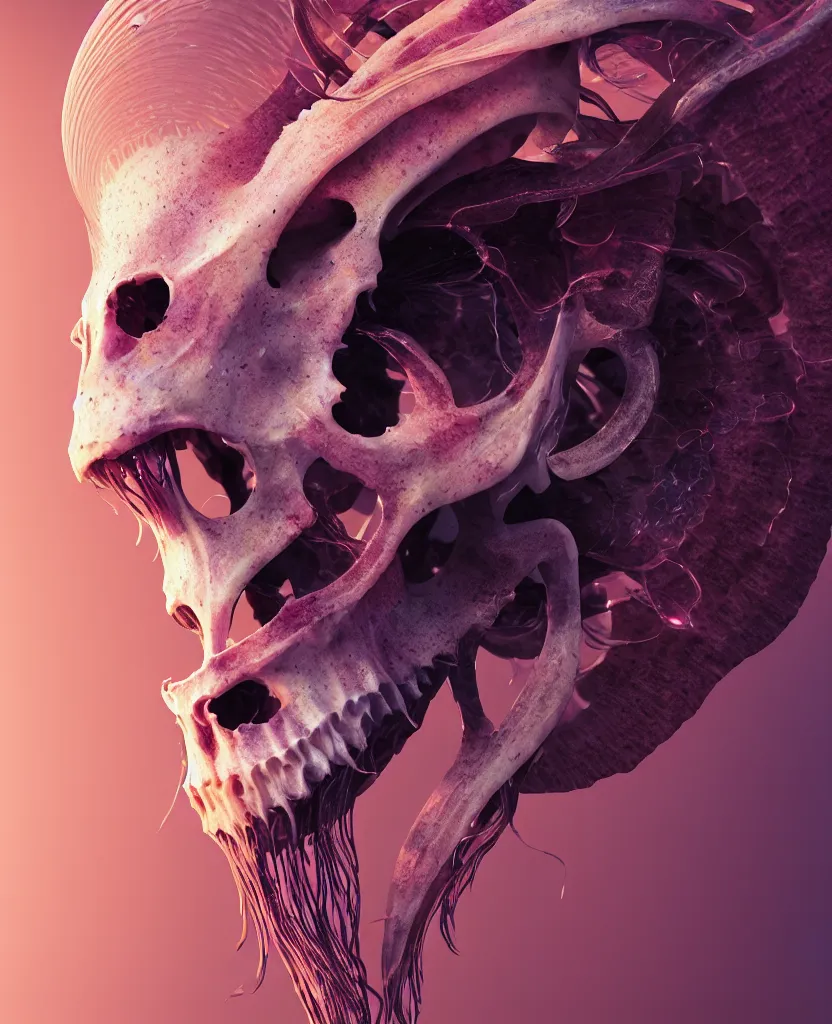 Prompt: goddess close-up portrait goat skull. jellyfish phoenix head, nautilus, orchid, skull, betta fish, bioluminiscent creatures, intricate artwork by Tooth Wu and wlop and beeple. octane render, trending on artstation, greg rutkowski very coherent symmetrical artwork. cinematic, hyper realism, high detail, octane render, 8k